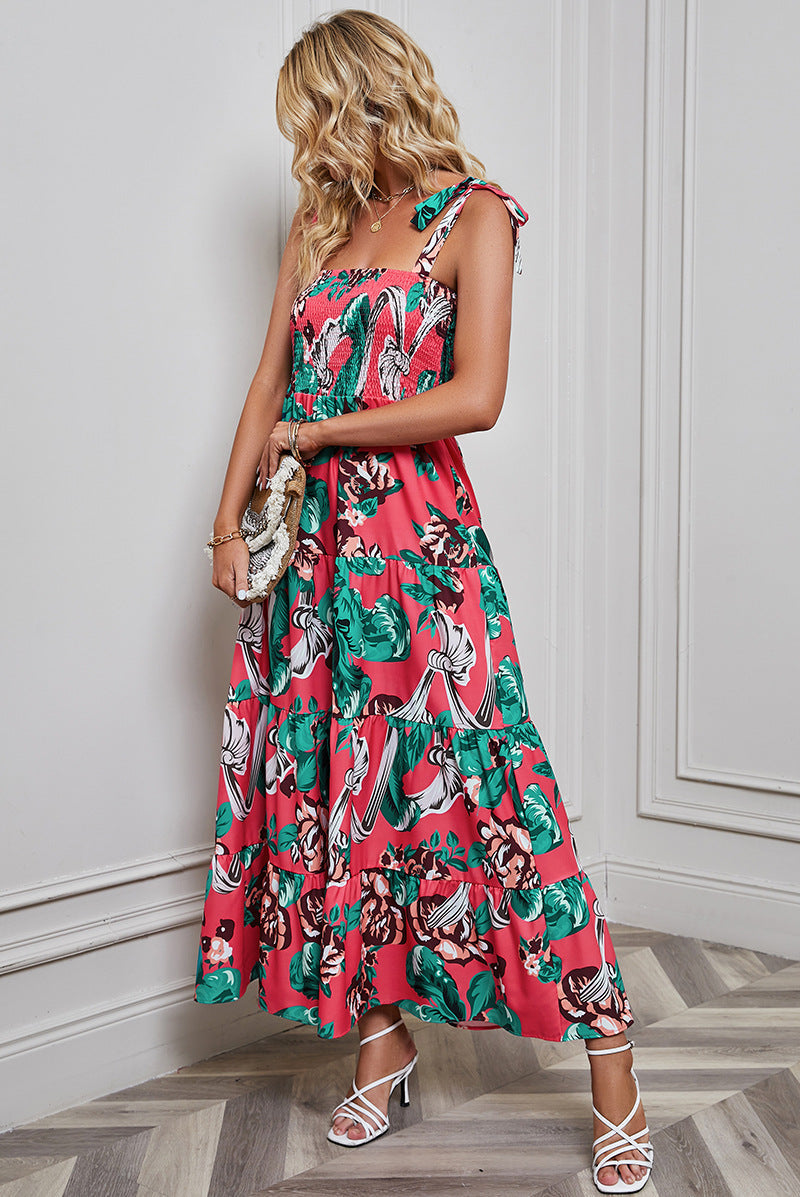 Dress for Women – Smocked Bodice – Tie Straps – A-line with Ruffles – Backless Design