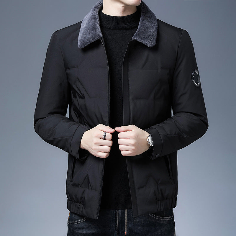 Men's Down Jacket – Slim Fit – Short Length – Removable Fur Collar – Insulating Fabric
