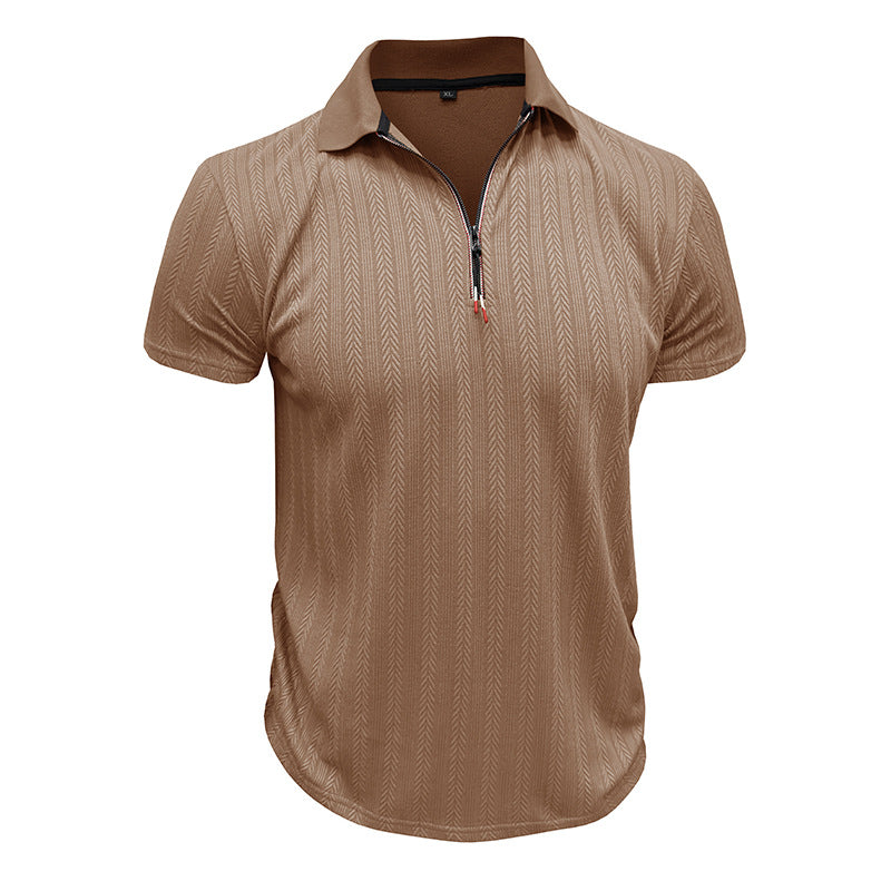 Men's Pique T-Shirt – Ribbed Knit – Zipper Neck – High Collar – Regular Fit