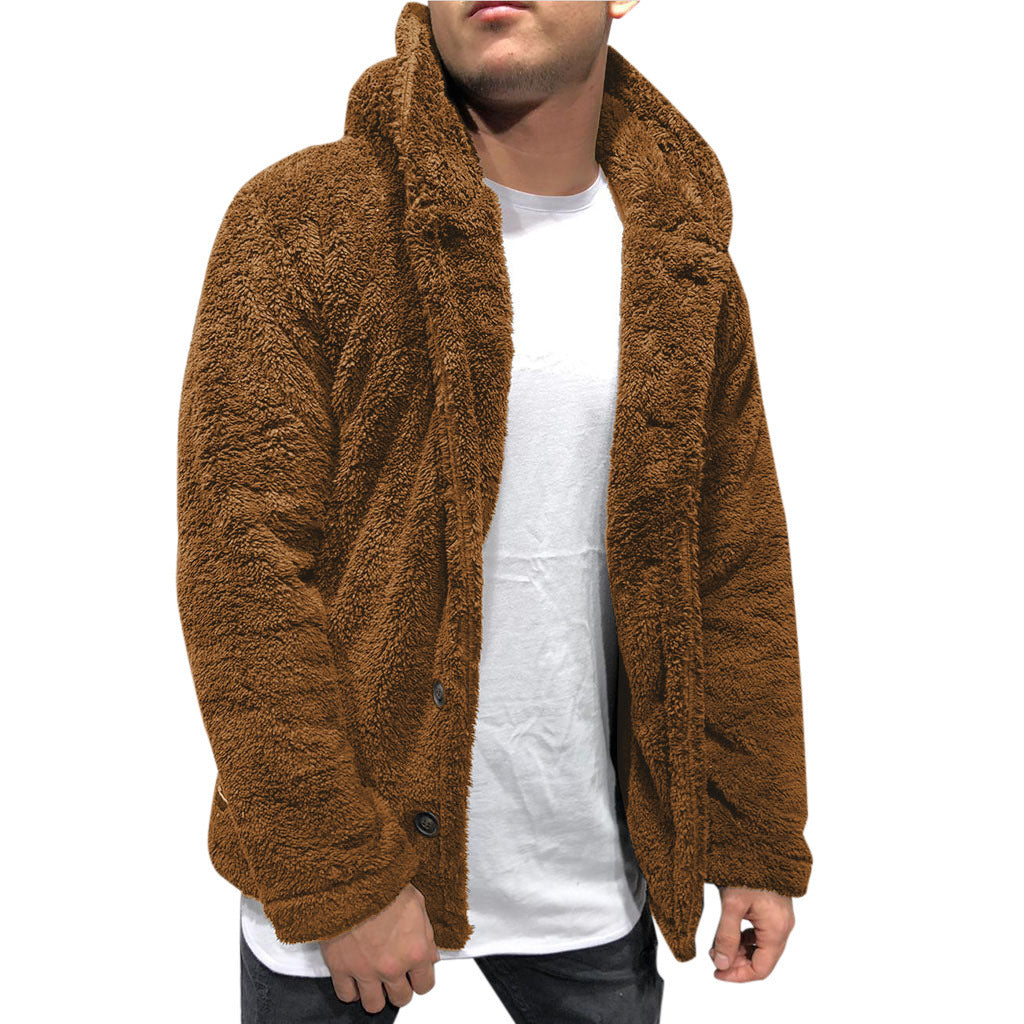 Men's Jacket with Hood – Plush Fleece – Relaxed Fit – Button Front