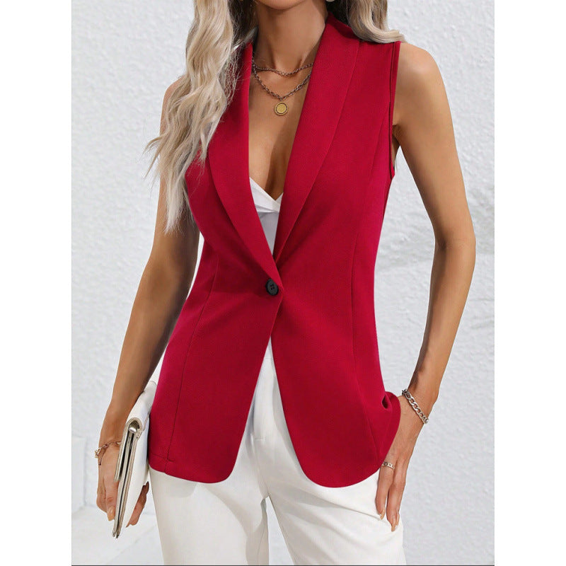 Women's Vest Jacket – Tailored Fit – Sleeveless – Round Neck – Single Buckle Closure