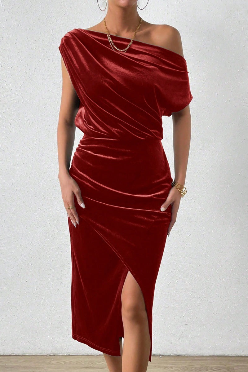 Dress for Women – One-Shoulder Design – Velvet – Draped Fit – Ruched Midi with Slit
