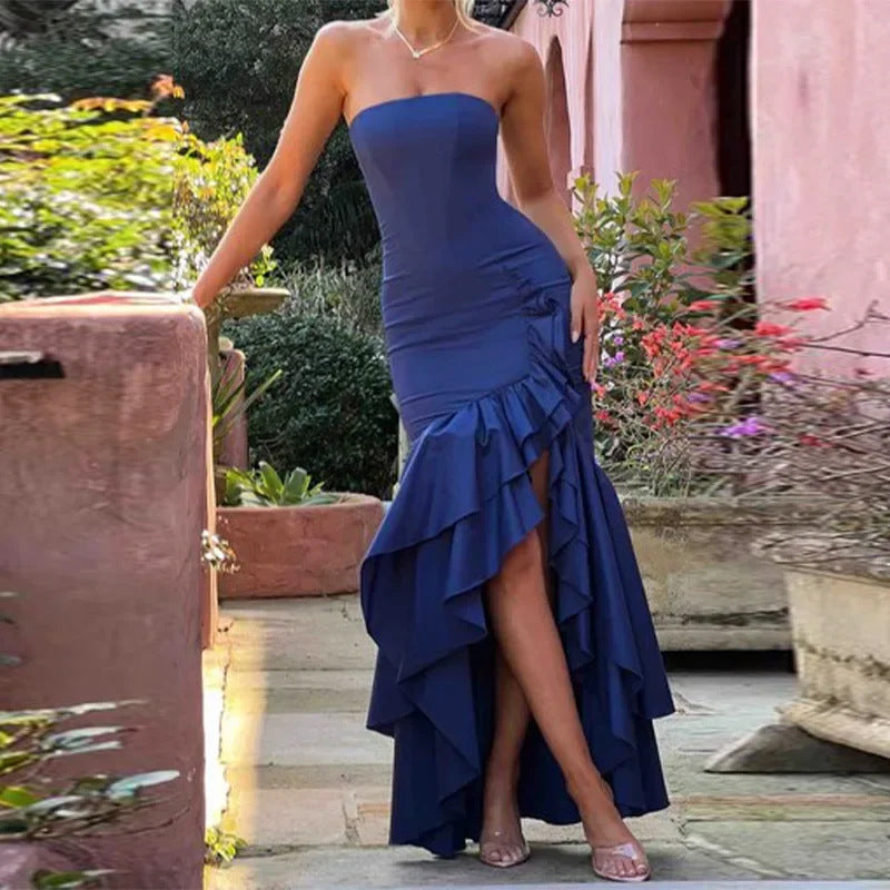 Dress for Women – Strapless – Slim Fit – Asymmetric Ruffle Hem – Floor-Length Party Dress