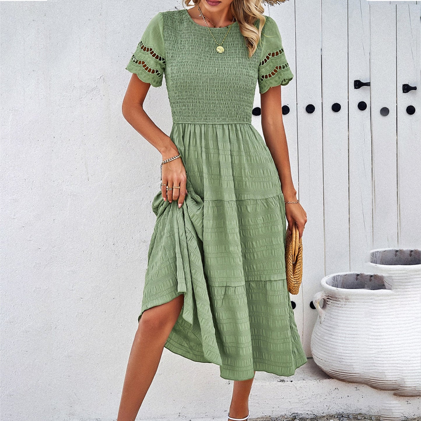 Dress for Women – Midi Length – Smocked Bodice – Tiered Skirt – Short Sleeves with Cutout