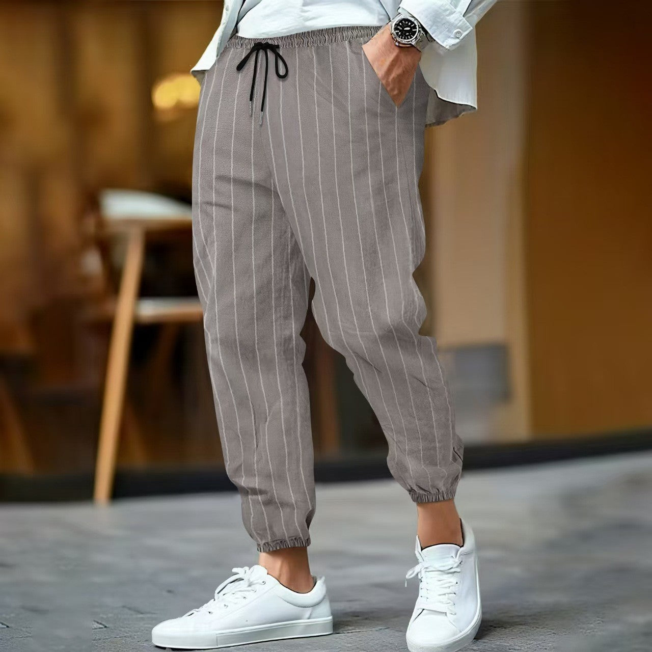 Men's Trousers – Relaxed Fit – Elastic Waistband with Drawstring – Tapered Legs – Cotton Blend