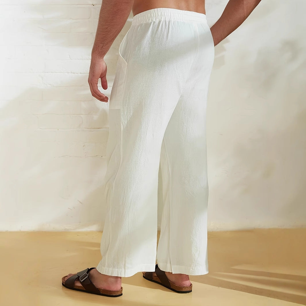 Men's Trousers with Wide Legs – Relaxed Fit – Breathable Cotton/Linen – Drawstring Waist – Palm Print on Pocket