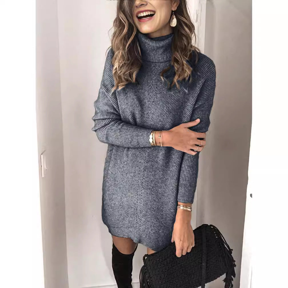 Women's Knitted Dress – Ribbed Structure – High Neck – Long Sleeved – Relaxed Fit