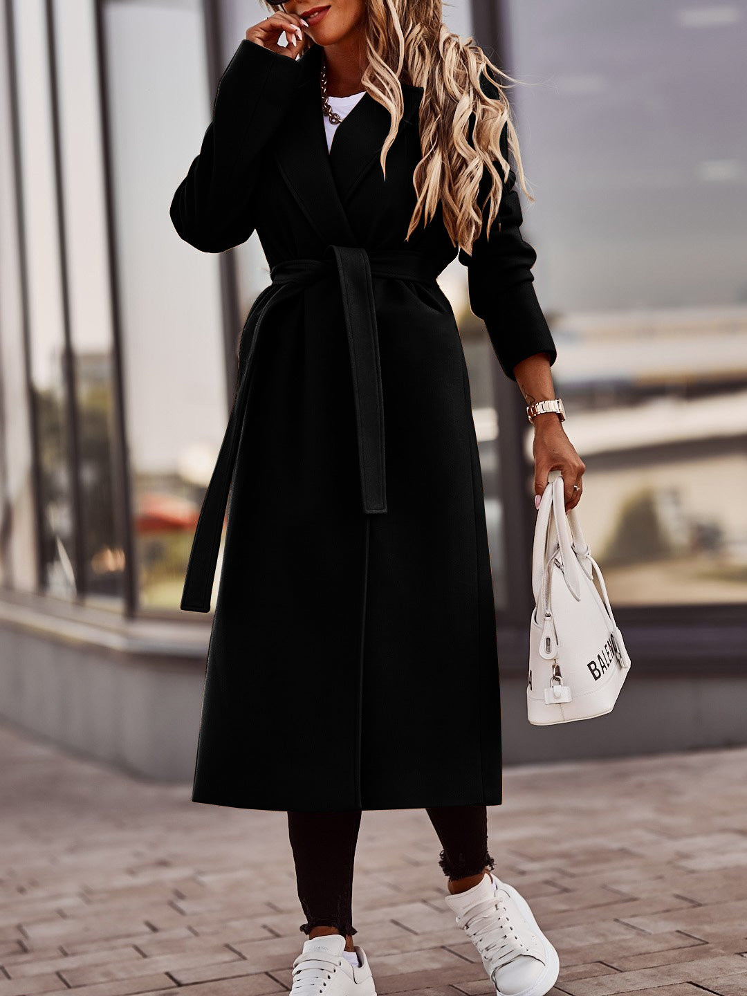 Women's Coat - Long Wool Blend - Elegant Cut with Belt - Classic Trench Coat Design