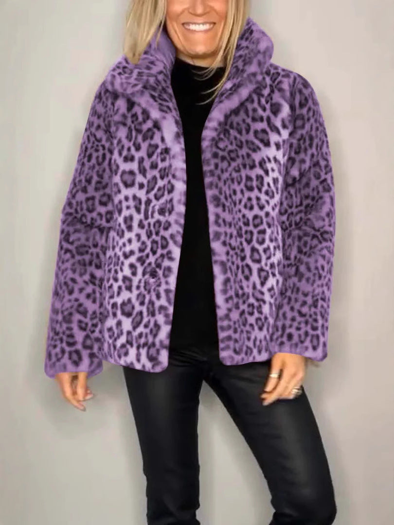 Women's Coat – Faux Fur – Oversized Fit – Animal Print – Open Front – Notch Collar