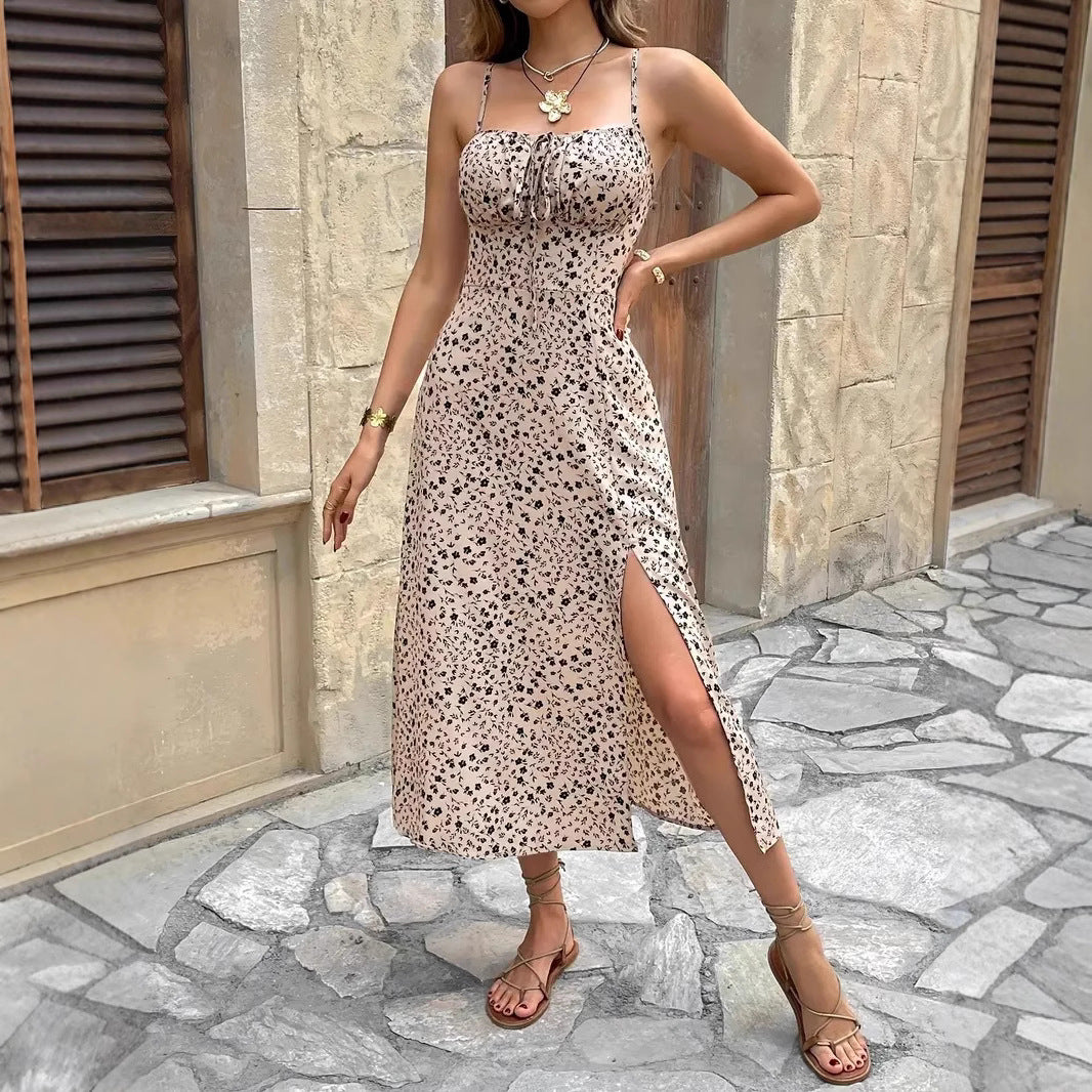 Dame Midikjole – Slim Fit – Spagettistropper – Blomsterprint – Splitt i siden