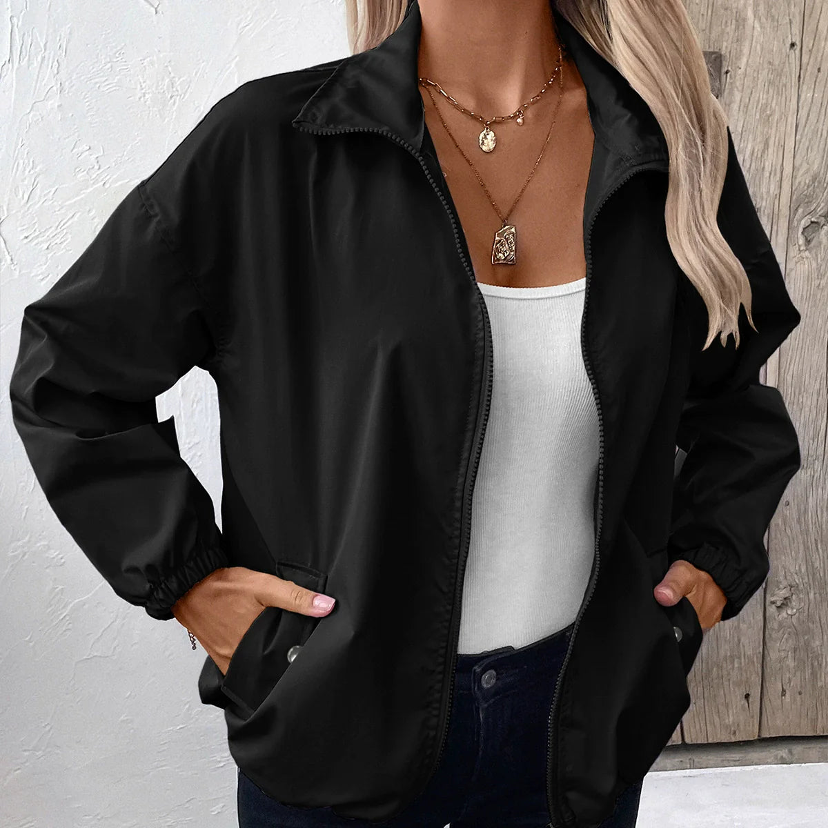 Women's Jacket – Waterproof – Relaxed Fit – Hip Length – Zipper – Elastic Cuffs