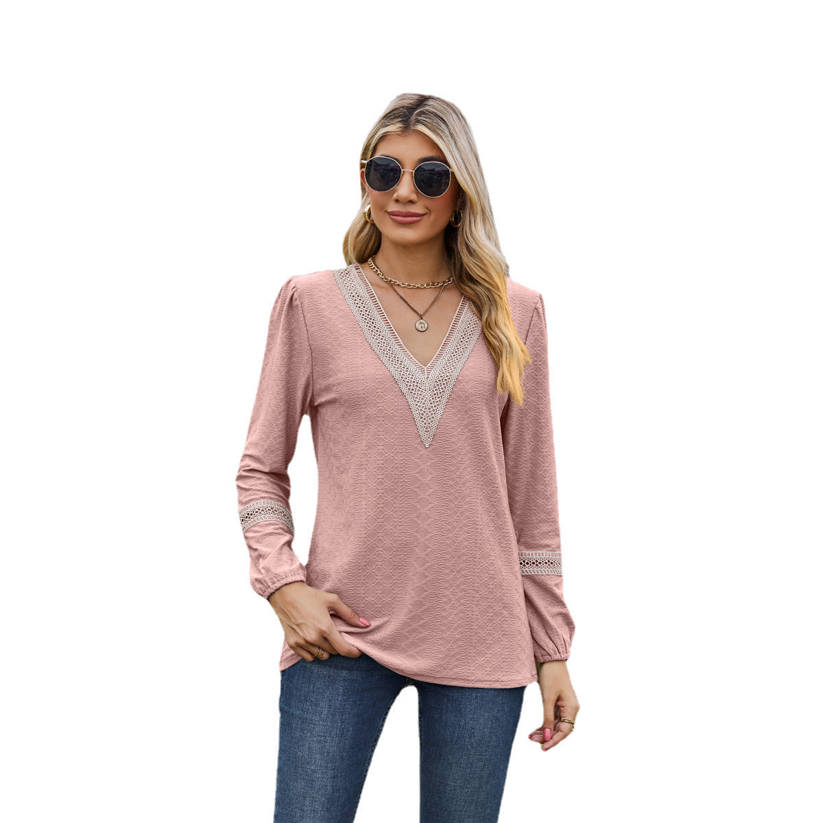 Women's Long-Sleeve T-Shirt – V-Neck – Loose Fit – Lace – Breathable Fabric