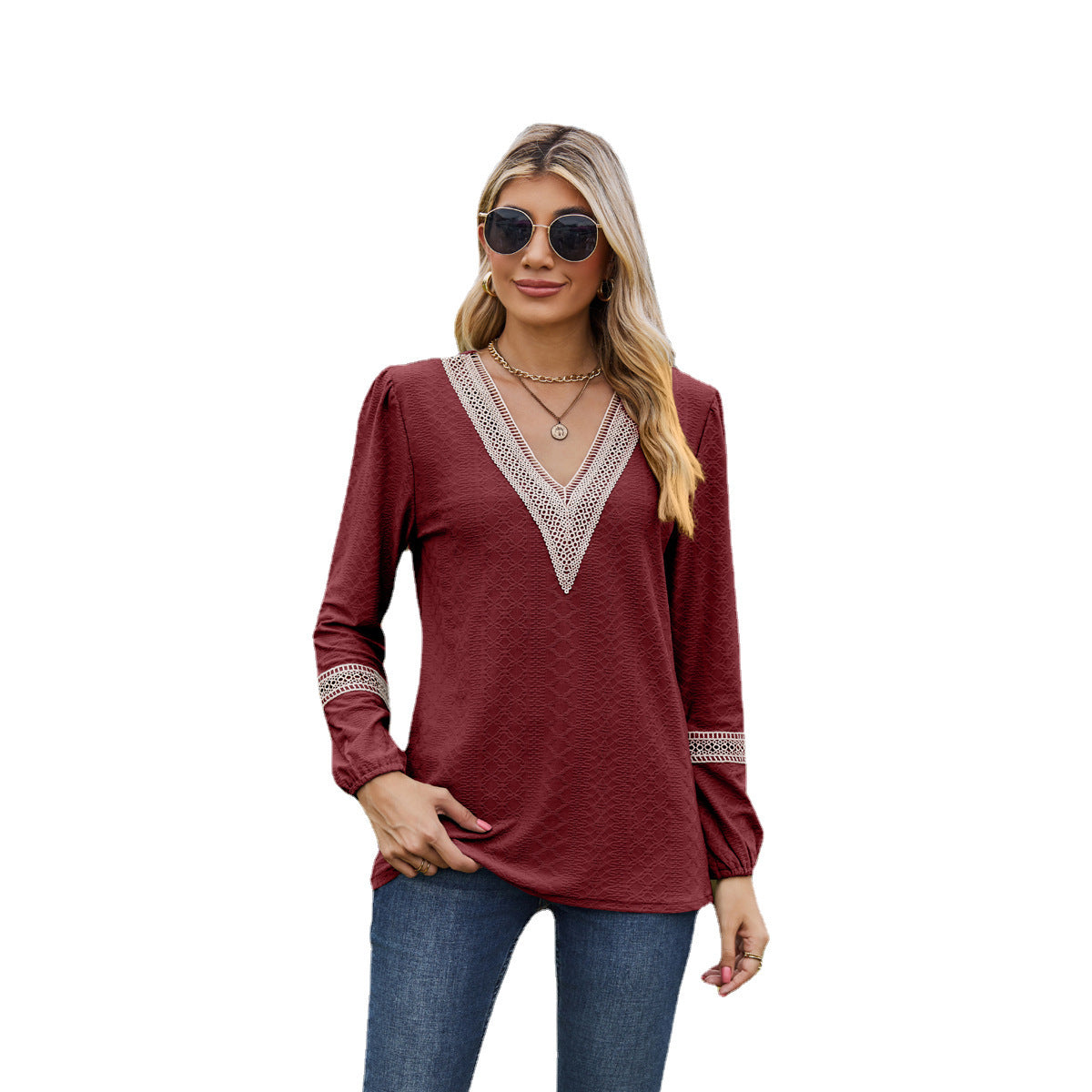 Women's Long-Sleeve T-Shirt – V-Neck – Loose Fit – Lace – Breathable Fabric