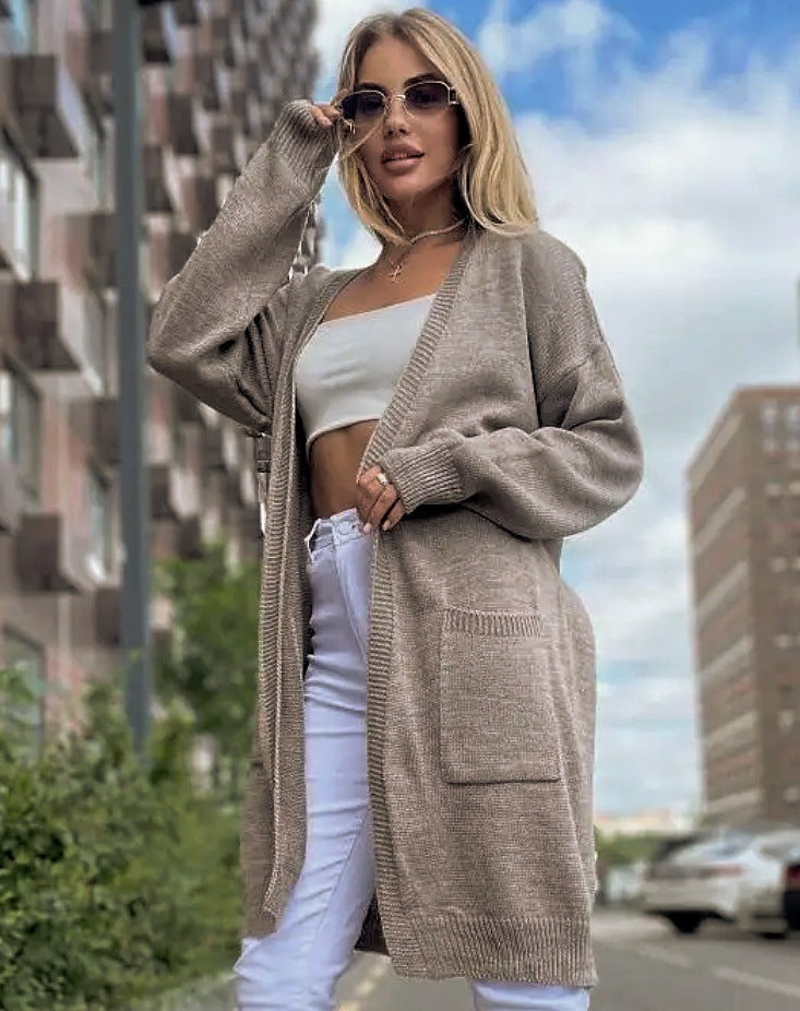 Women's Cardigan Knitted – Loose Fit – Open Front – Pockets – Long Model