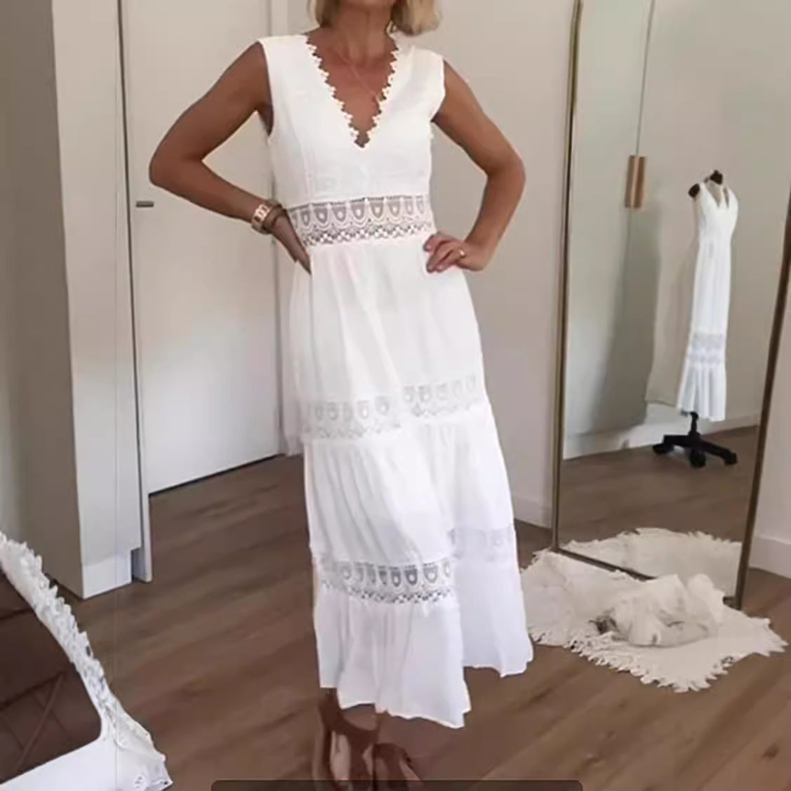 Dress woman midi – cotton blend – deep V-neck – sleeveless with lace inserts