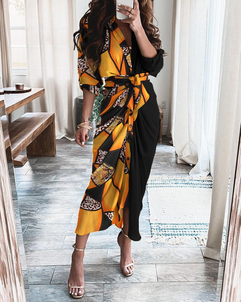 Women's Maxi Dress – V-Neck – Front Buttons – Tie Belt – Long Sleeves – Cotton Blend