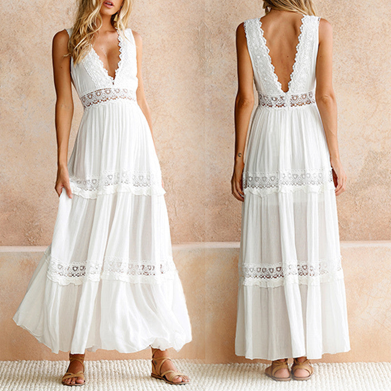 Women's Maxi Dress – Deep V-neck – Lace and Ruffles – Fitted Waist – Flowy Skirt