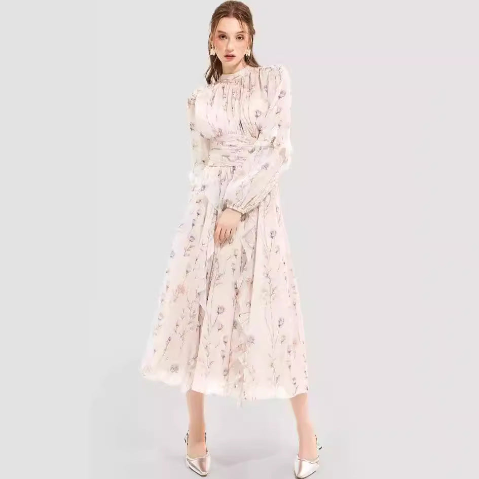 Damekjoole – Chiffon – Hel lengde – Lange ermer – Rysjer – Trykket mønster