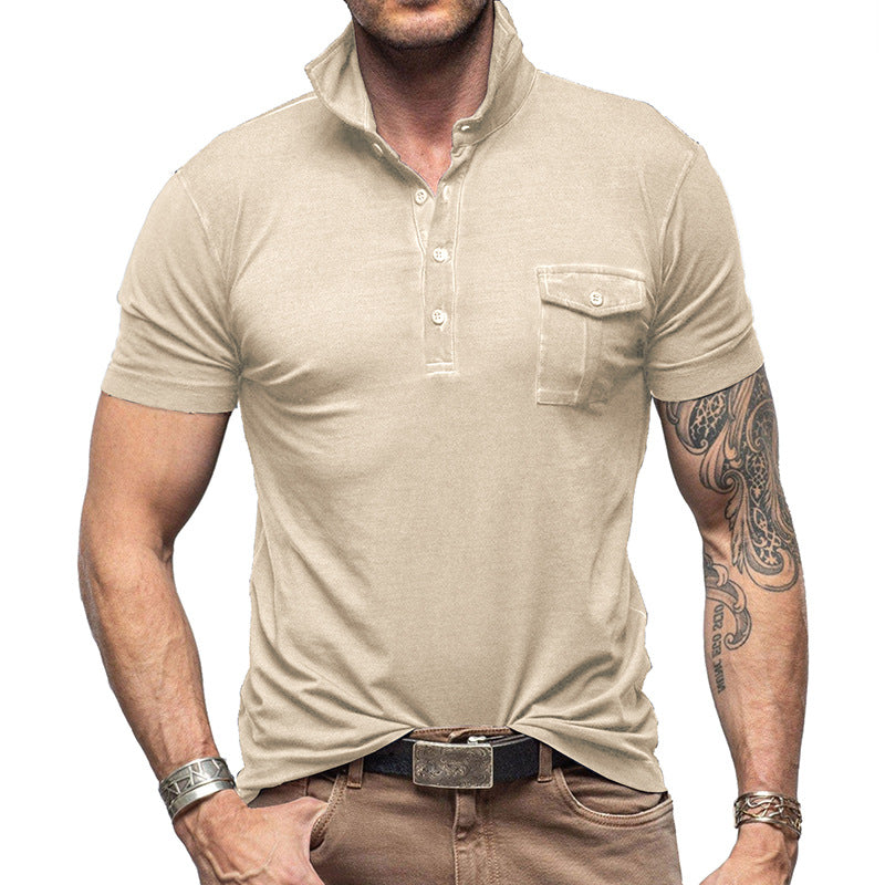 Men's Pique Shirt – Slim Fit – Short Sleeve – Breathable Cotton – Stand Collar – Chest Pocket
