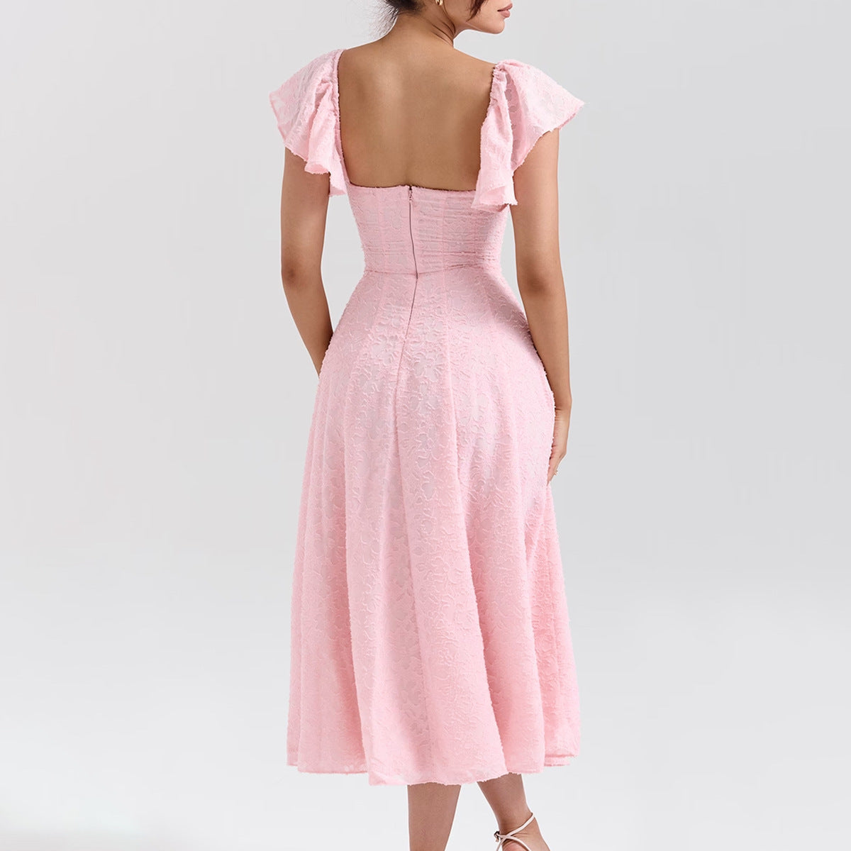 Women's Dress Midi – Lace – Off Shoulder – Flared Fit – Open Back
