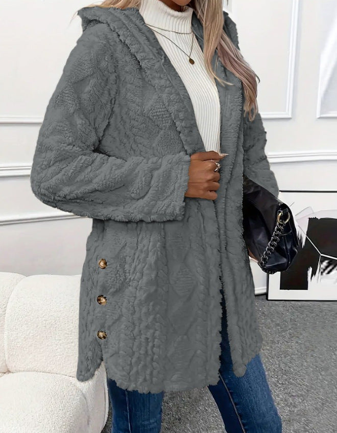 Women's Cardigan with Hood – Fleece – Relaxed Fit – Buttons – Mid-length