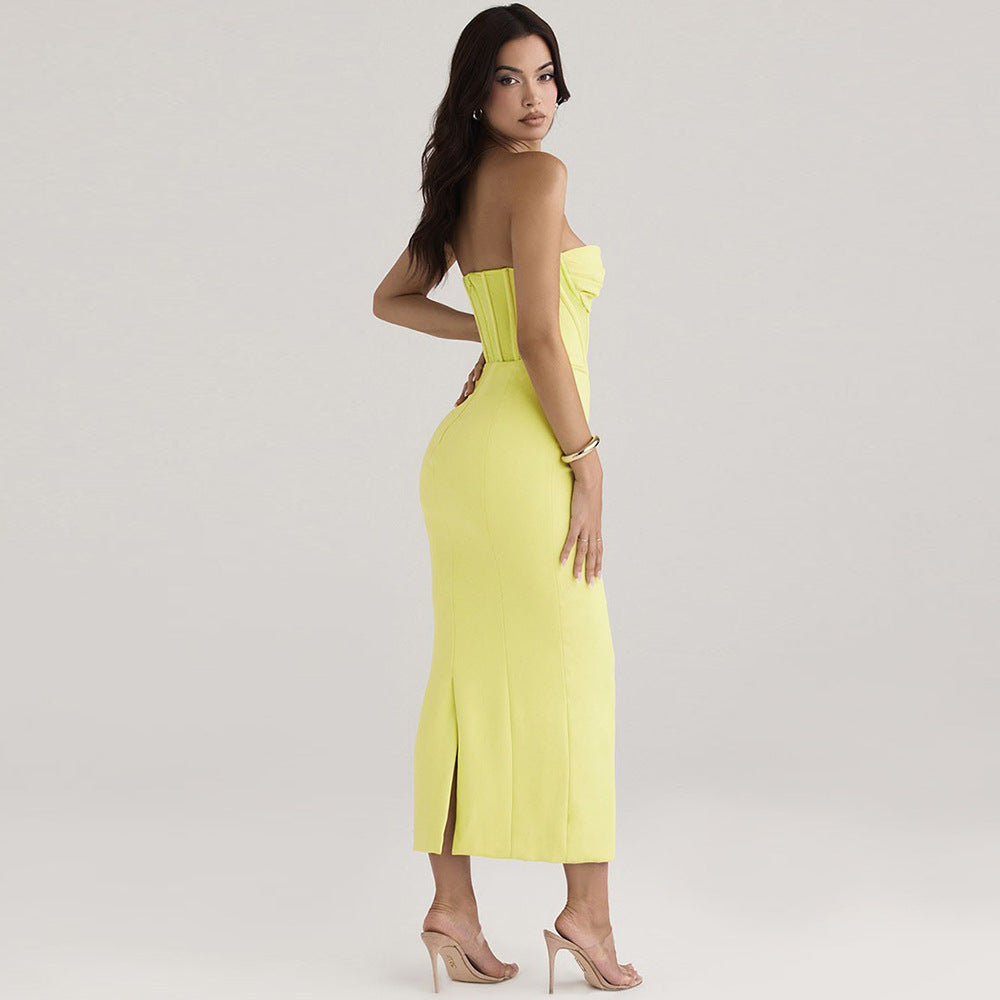 Dress for Women – Strapless Bodycon – Figure-Hugging Fit – Midi Length with Slit