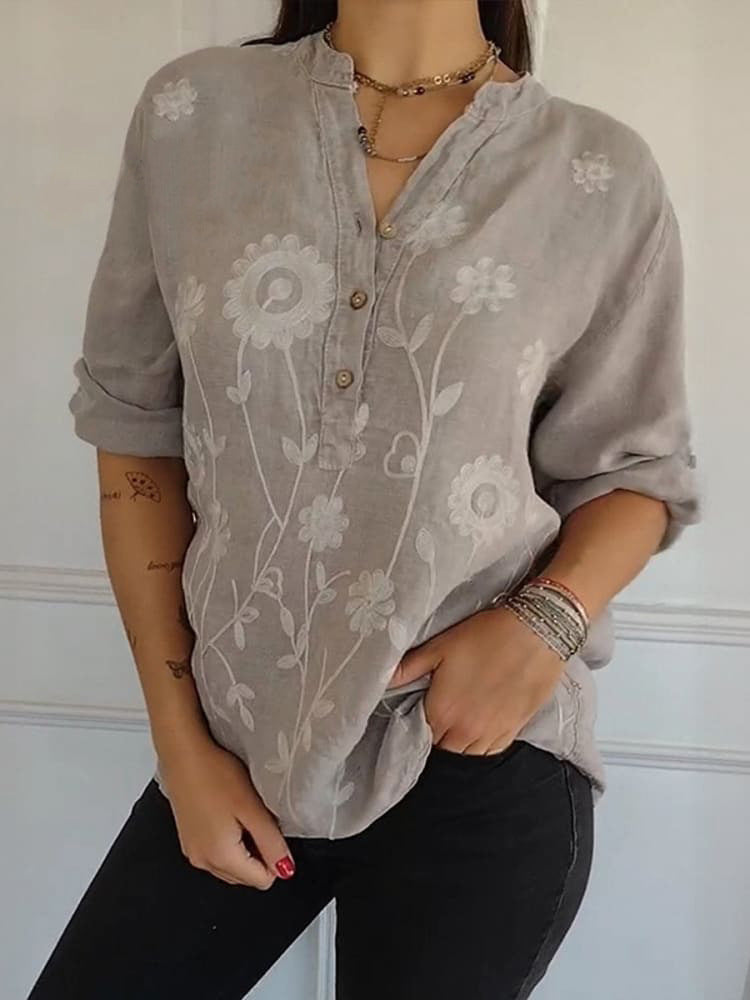 Women's Shirt with V-neck – Embroidered Lace – Relaxed Fit – Button Closure