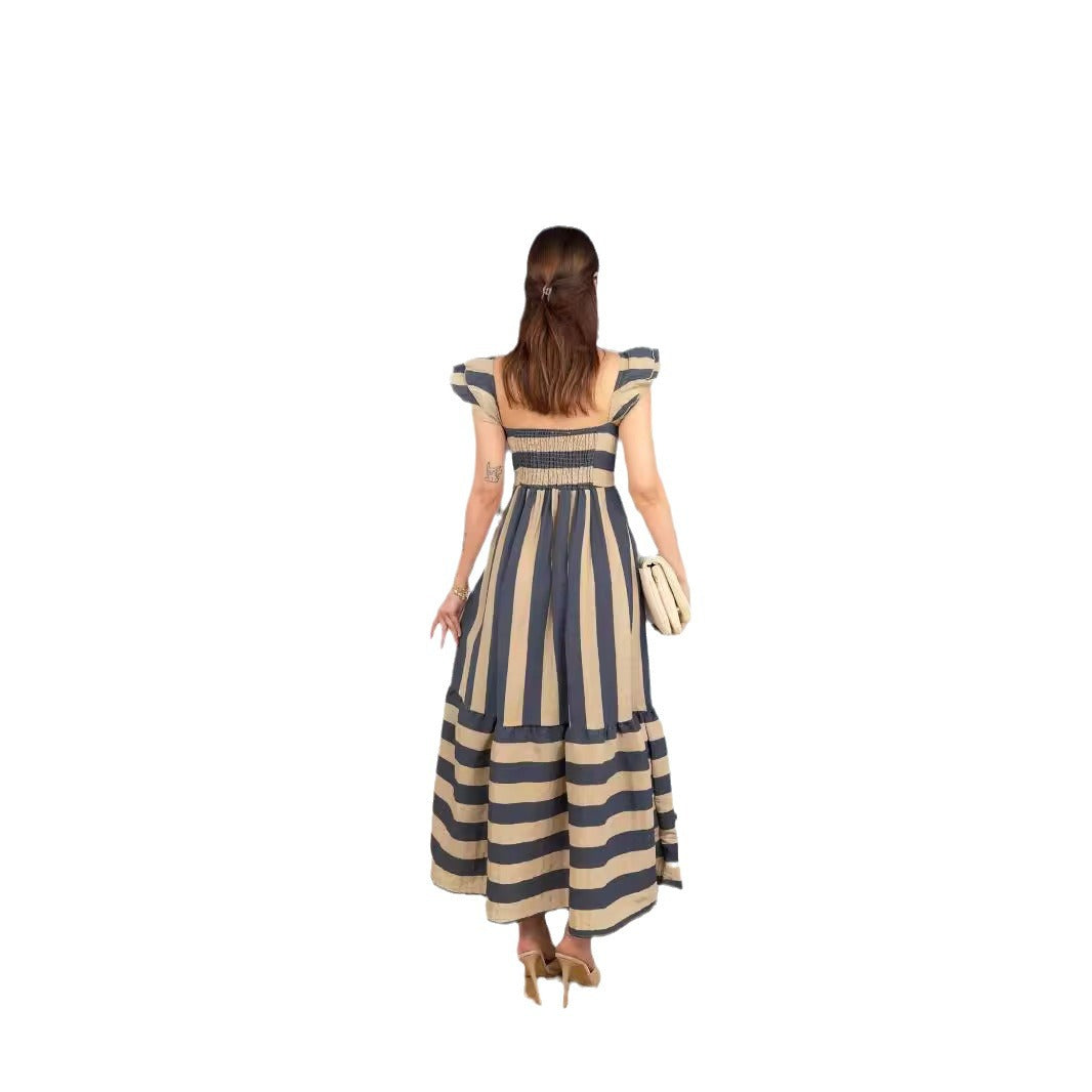 Kjole for dame – Mellomlang – Off shoulder – Bomullsblanding – Rysjer – Stripet