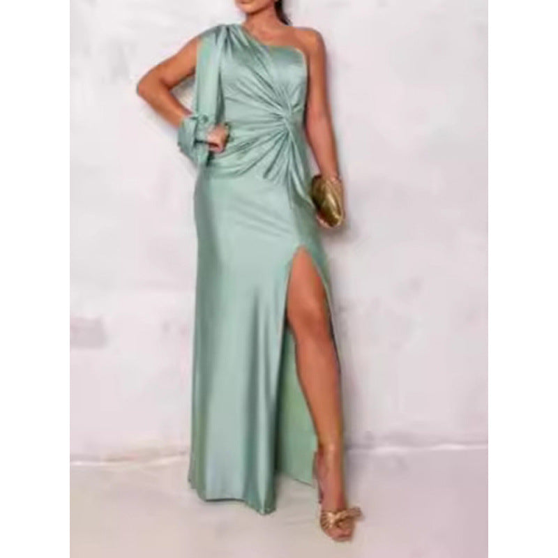 Dress for Women – Maxi Dress – Slim Fit – Satin – One Shoulder – High Slit – Draped Waist