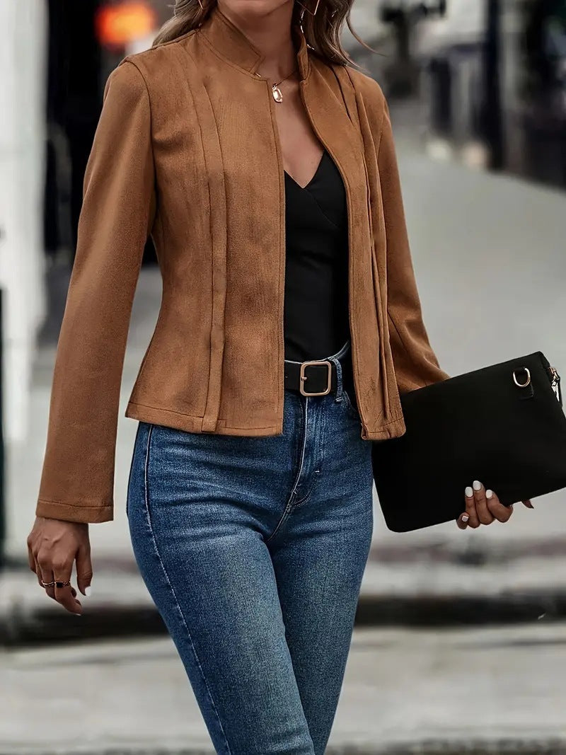 Women's Short Jacket – Slim Fit – Wool Blend – Stand Collar – Open Front