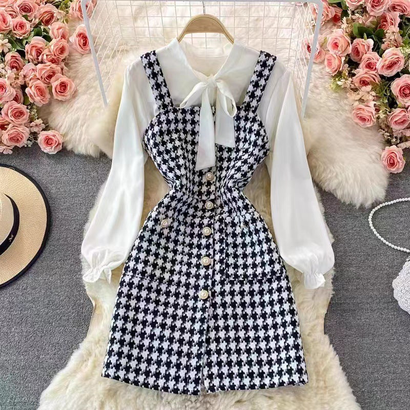 Women's Set with Pinafore Dress – Tweed – A-line – Blouse with Bow and Puff Sleeves