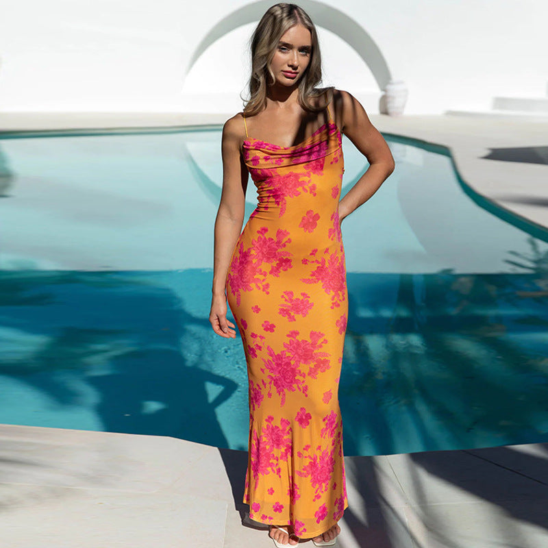 Dress for Women – Sleeveless – Slim fit – Cowl neck – Open back – Floral print – Ankle length