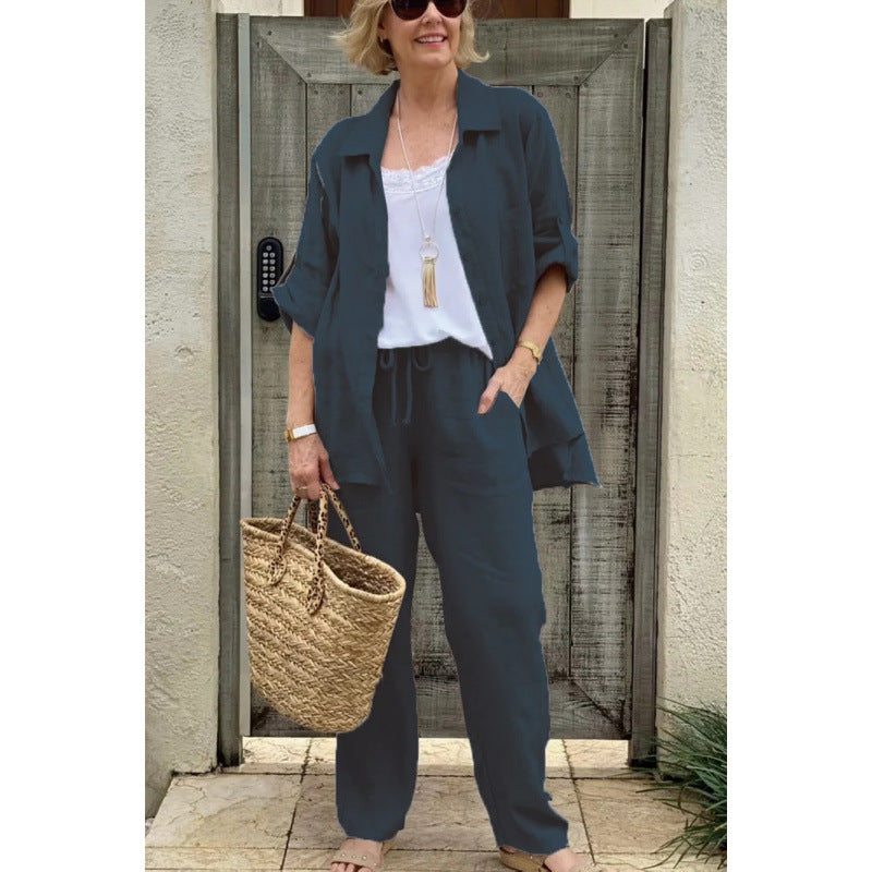 Women's Set with Shirt and Pants – Linen – Relaxed Fit – Buttons – Drawstring
