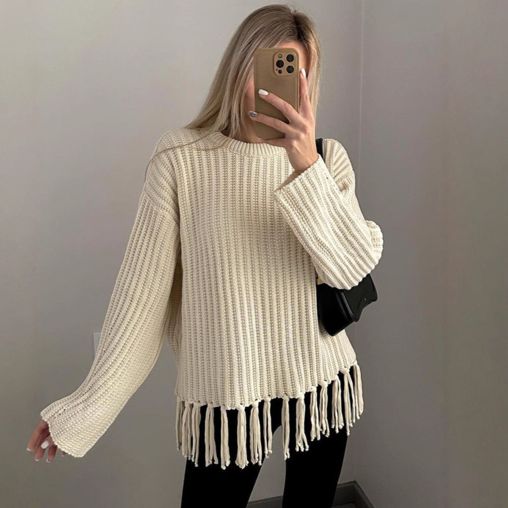 Women's Sweater – Oversized Fit – Wool Blend – Rib Knit – Fringe Hem