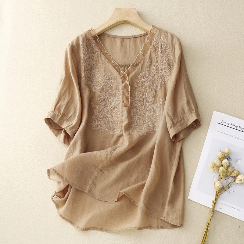 Women's Shirt with Short Sleeves – Loose Fit – Embroidered – Breathable Fabric – V-neck