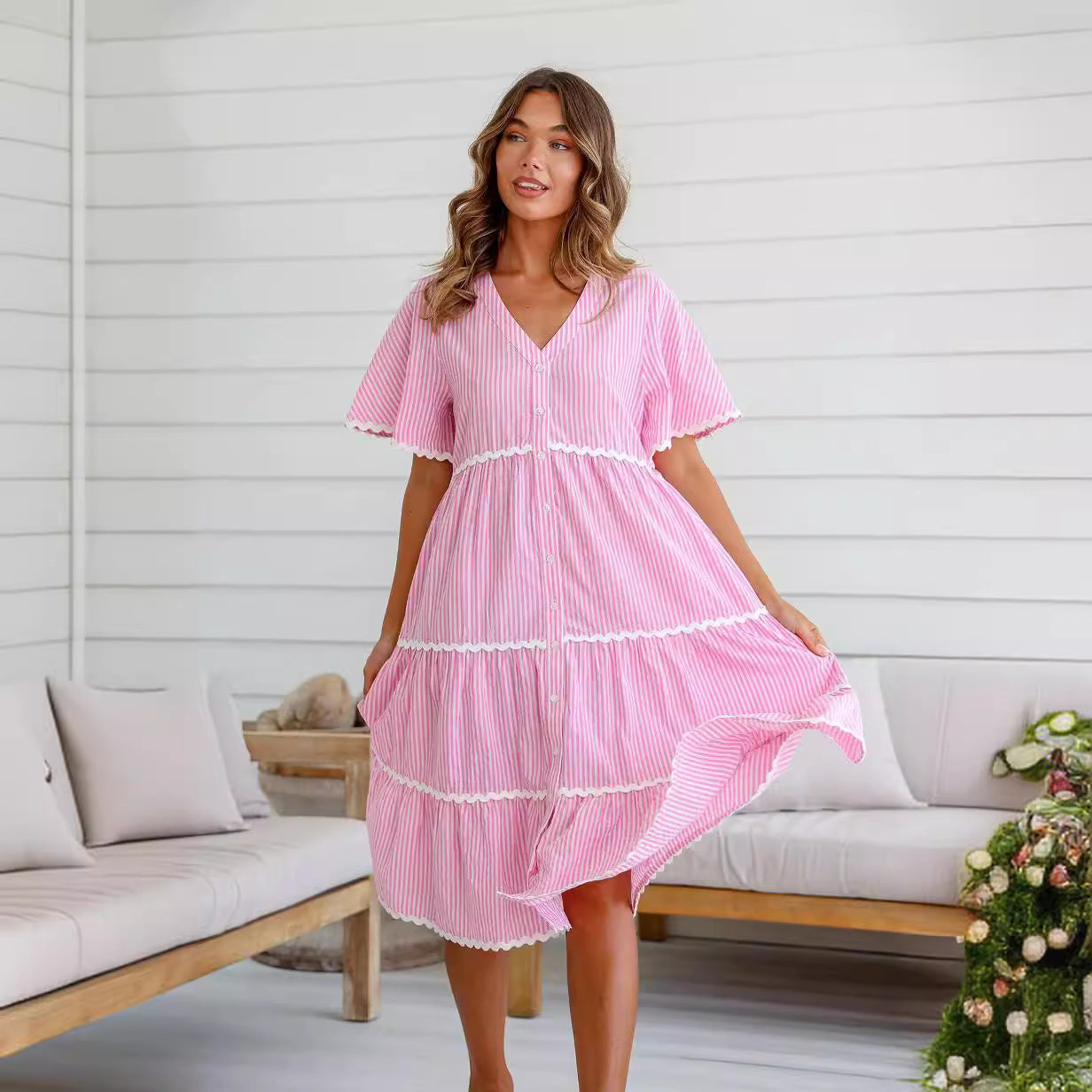 Dress for Women – V-neck – Loose Fit – Lace Trim – Knee-length with Ruffles