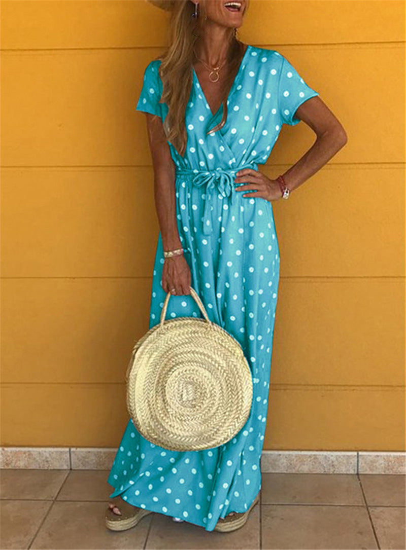 Women's Wrap Dress - Maxi Length - V-Neck - Tie Belt - Polka Dots - Short Sleeves