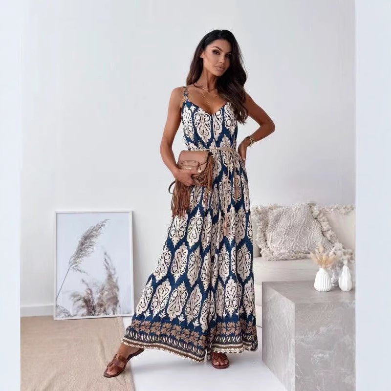 Damebuksedress uten ermer – Vid ben – V-hals – Knyting i livet – Blomsterprint