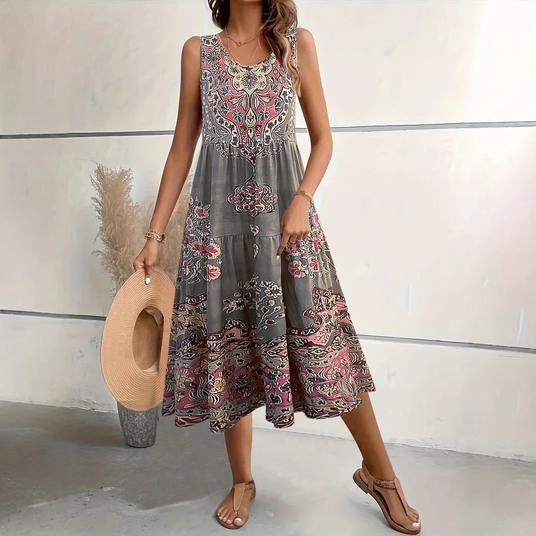 Dress woman – Sleeveless midi dress – A-line fit – U-neck – Floral print – Cotton blend