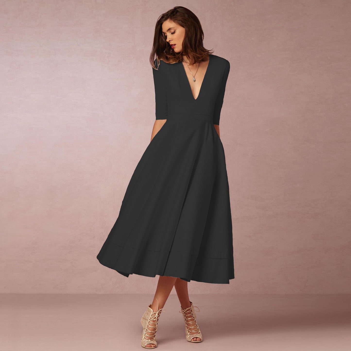 Dress for Women – Satin-like Fabric – Fitted Bodice – A-line – V-neck – Midi – Elbow-length Sleeves