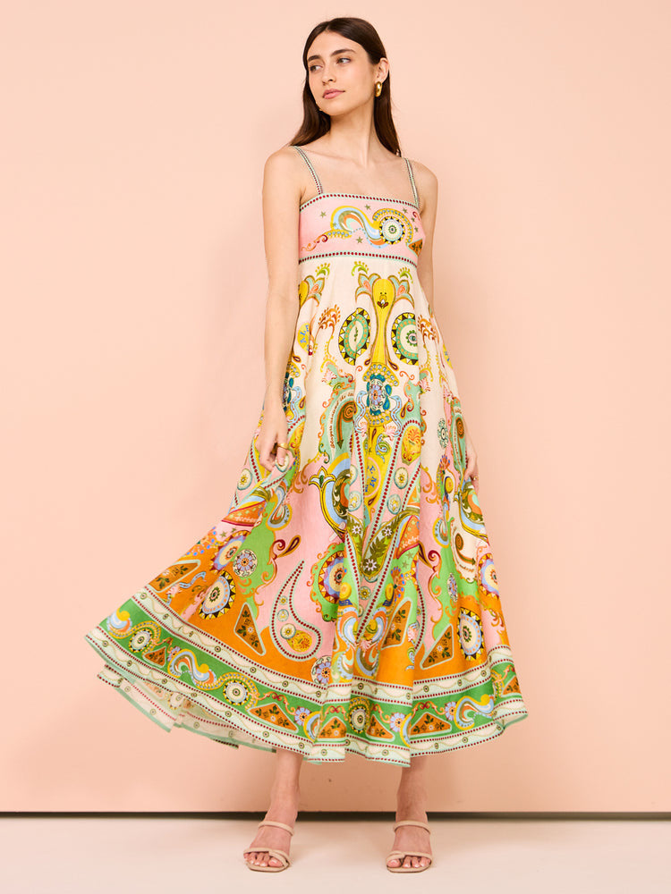 Women's midi dress – A-line fit – Smocked bodice – Spaghetti straps – Patterned