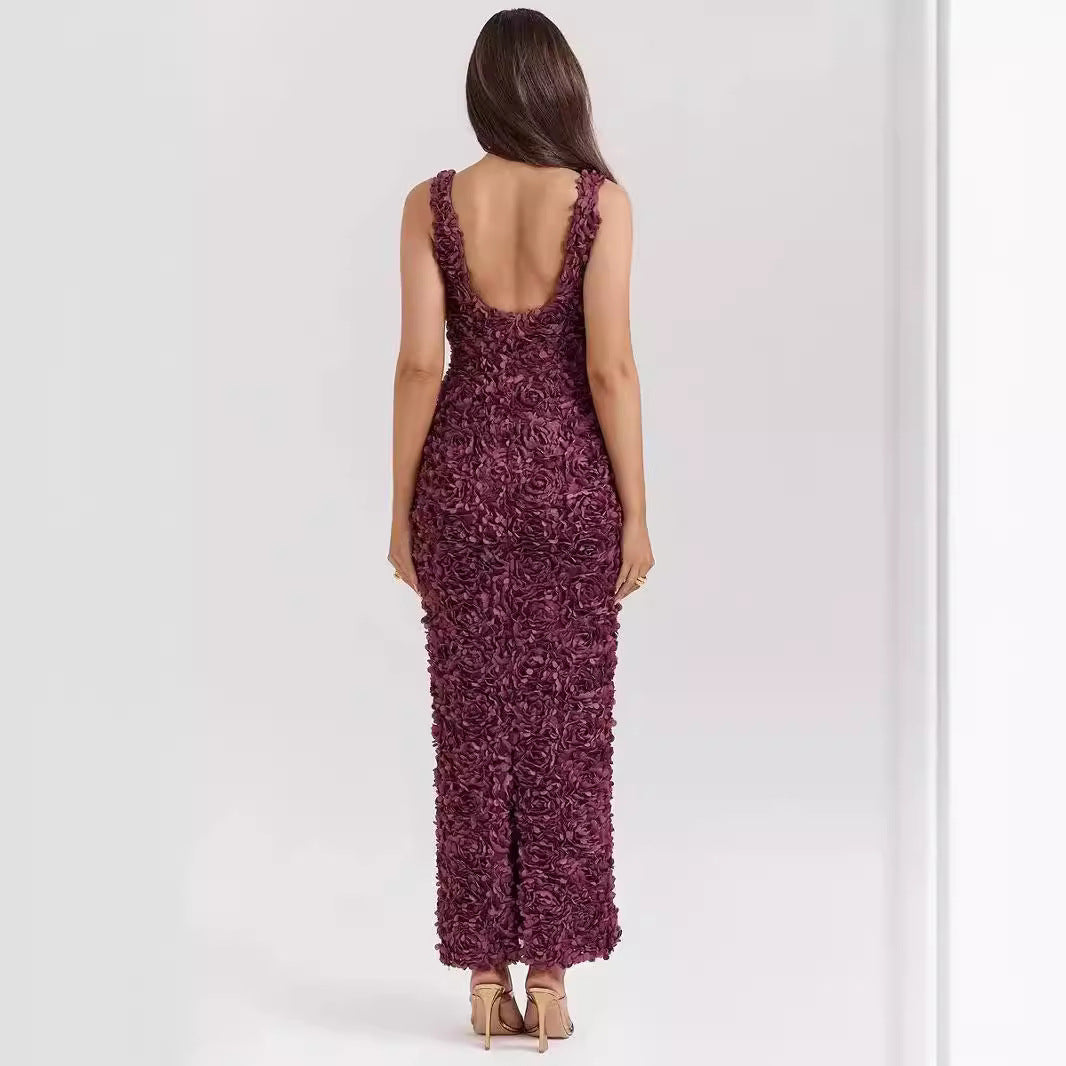 Dress for Women – Slim Fit – 3D Floral Pattern – Deep Neckline – Ankle Length