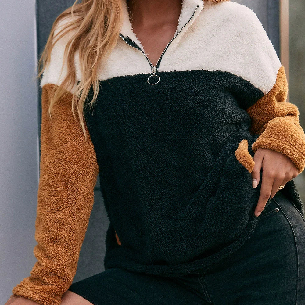 Women's Sweater – Oversized Fit – Soft Double-Sided Texture – Half Zip and Patch Look