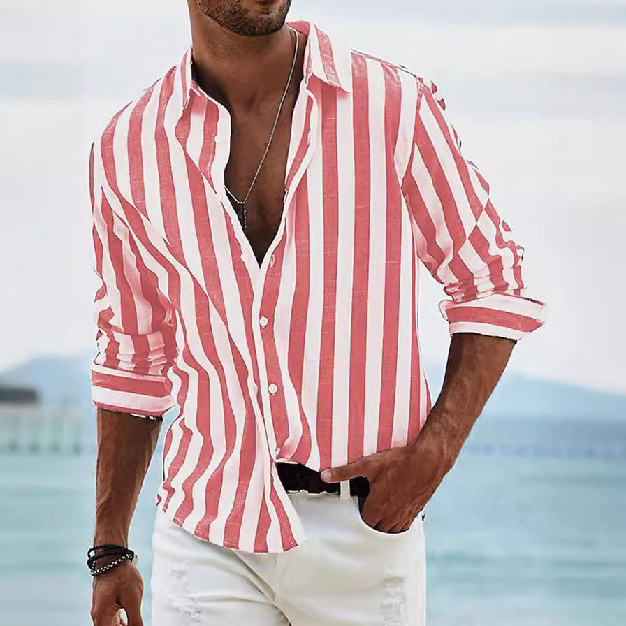 Men's Shirt with Long Sleeves – Cotton Linen Blend – Relaxed Fit – Striped