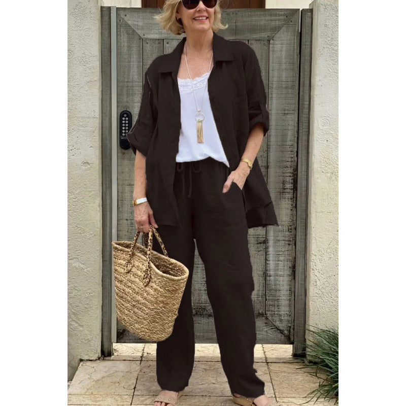 Women's Set with Shirt and Pants – Linen – Relaxed Fit – Buttons – Drawstring