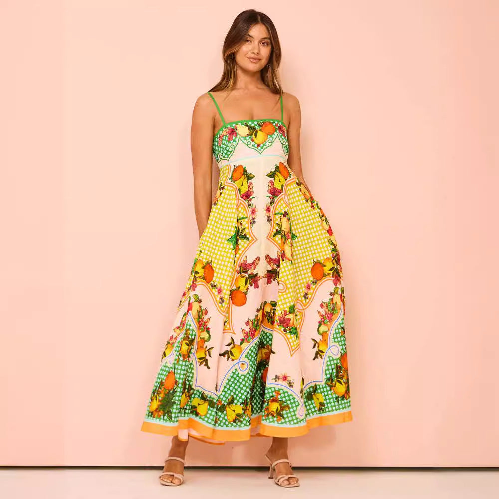 Women's midi dress – A-line fit – Smocked bodice – Spaghetti straps – Patterned