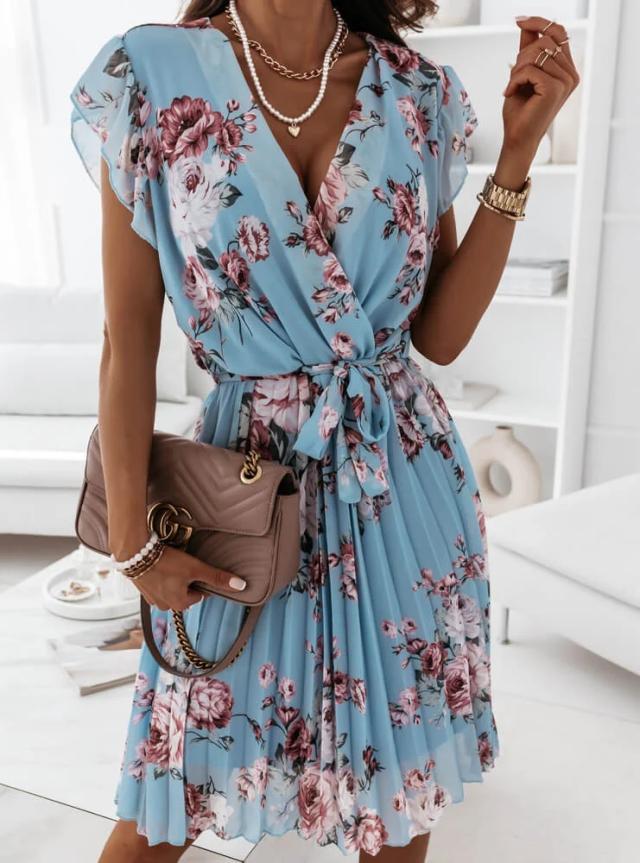Women's Dress – V-Neck Wrap Model – Ruffled Sleeves – Floral Print – Waistband
