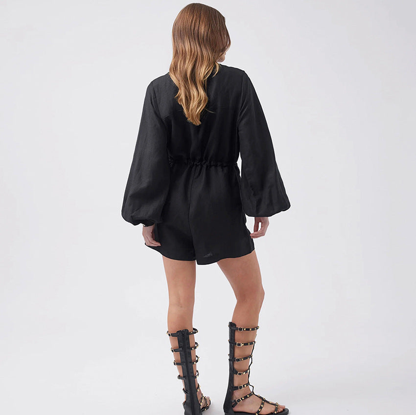 Women's Romper – Cotton Linen Blend – Relaxed Fit – Buttons – Drawstring Waist