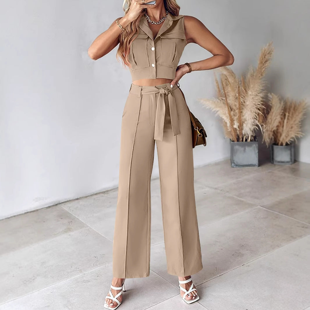 Women's Set with Sleeveless Crop Top – High Waist – Wide Pants – Belted Fit