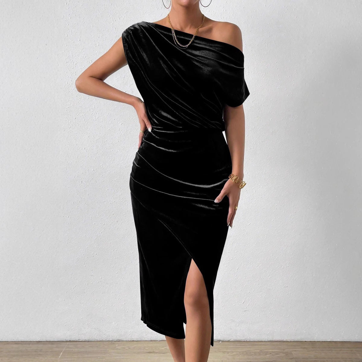 Dress for Women – One-Shoulder Design – Velvet – Draped Fit – Ruched Midi with Slit